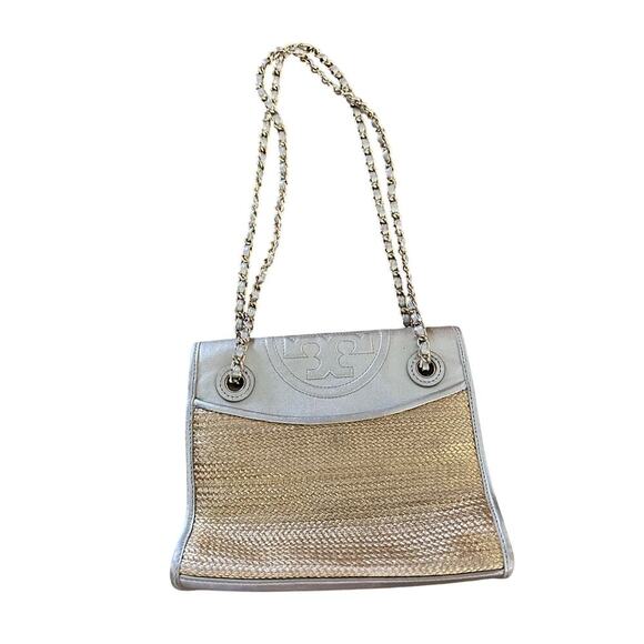 Tory Burch Women's gold and Silver raffia Fleming Metallic Flap Shoulder Bag